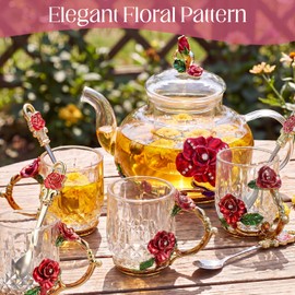 Maxdot 5 Pcs Floral Glass Tea Set with Teapot and Infuser, 14 oz Vintage Flower Teapot with 4 Rose Enamel Cups 3 oz and Spoons, Tea Party Set, Gift for Women Mom Grandma