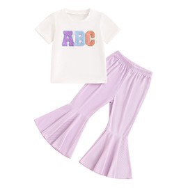 YOKJZJD 2Pcs Toddler Baby Girl Back To School Outfit ABC T-Shirt Bell Bottom Pants Set Summer First Day of School Clothes (Purple, 4-5 Years)