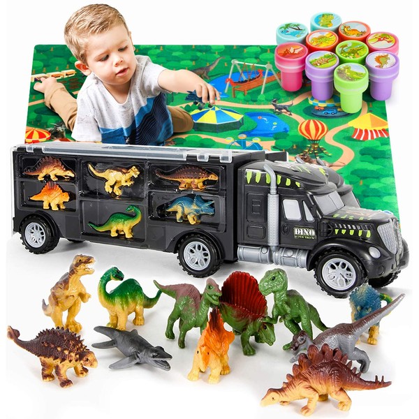 MOBIUS Toys Dinosaur Truck Carrier – Dinosaurs Playset with 12 Toy Action Figure Dinosaurs – World Dino Toy Set with XL Playmat for Toddlers Boys or Girls for 3, 4, 5, 6, 7 Years Old