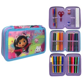 CARTOON Pencil Case 3 Zip Complete 44 Pieces for School Multi-Compartment Pens Pencils Colours Markers Giotto, Gabby's Dollhouse, modern