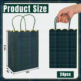 Whaline 24Pcs Green Blue Plaid Paper Bag with 30 Sheets Gold Tissue Paper Tartan Scalloped Treat Bags with Handles Candy Goodie Bags for Baby Shower Birthday Party Favors Supplies