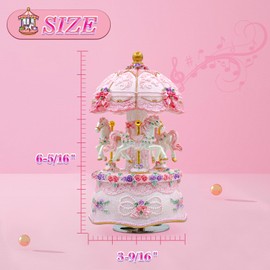 AttoShow Carousel Music Box，Luxury Color Change LED Light Music Box,Luminous Rotating 3-Horse Musical Box Box for Girls Birthday Valentine Gift (Castle in The Sky, Pink)