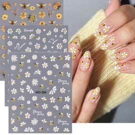 Flower Nail Art Stickers 5D Embossed Cute Bee Nail Decals Self-Adhesive Pink White Cute Daisy Nail Decorations Small Floral Spring Summer Nail Supplies for Women Girls DIY Manicure Accessories 6Sheets