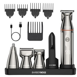 BarberBoss Rasoio per barba 5 in 1, da uomo, kit per la toelettatura degli uomini, tagliacapelli senza fili, rasoio per naso e corpo con display a LED e ricarica USB-C, body groomer