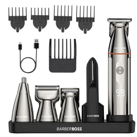 BarberBoss Rasoio per barba 5 in 1, da uomo, kit per la toelettatura degli uomini, tagliacapelli senza fili, rasoio per naso e corpo con display a LED e ricarica USB-C, body groomer