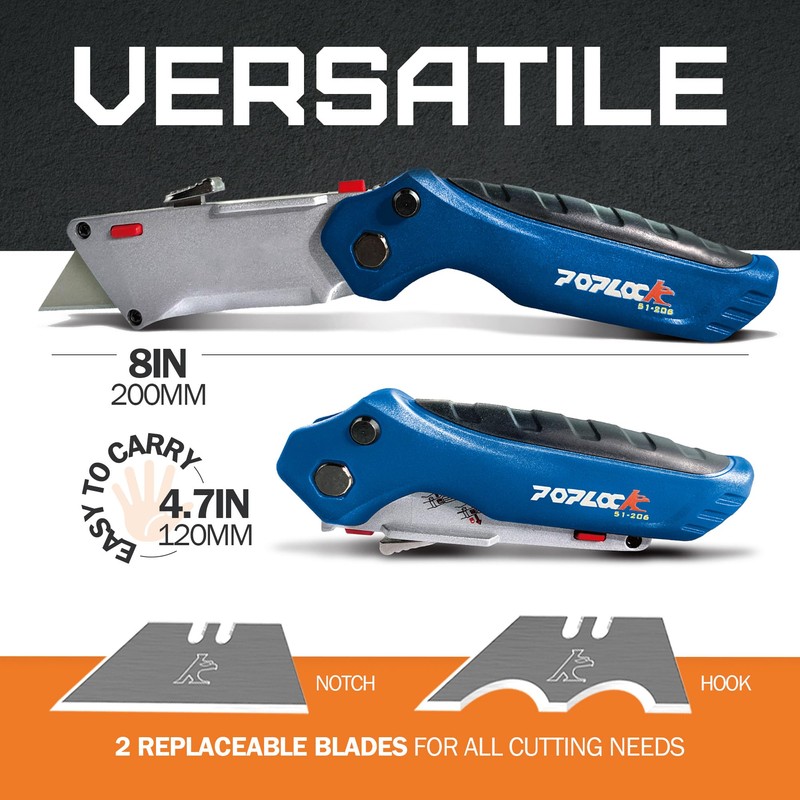 POPLOCK Folding Utility Knife with Twin Blades, Retractable Box Cutter