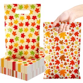 TaoBary 100 Pcs Plastic Fall Gift Bags Bulk 11.8" x 7.9" Autumn Candy Goodie Treat Bags with Maple Leaves Patterns for Fall Autumn Party Favor Supplies Decoration (Maple Leaf)
