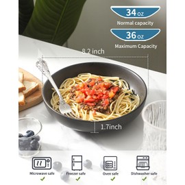 Tikooere Stoneware Pasta Bowls, 34 oz Large Salad Bowls Set of 4, Ceramic Serving Bowls for Ramen, Pasta, Fruit, Cereal, Dinner, Wide and Shallow Bowls, Microwave & Dishwasher Safe, Matte Black