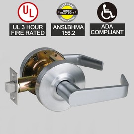 HISAFE Passage Commercial Door Locks Heavy Duty Grade 2 Lever, Non-Handed, UL 3 Hour Fire Rated, ADA Compliant, Satin Chrome Finish 26D, 2-3/4''Backset, X-XG-PS-70