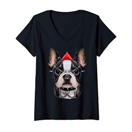 Womens Cute French Bulldog in Punk Rock Style V-Neck T-Shirt