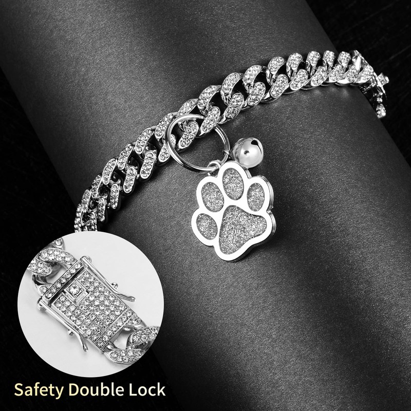 Hillban Cat Collar Diamond Chain Glitter Collar Walking Metal with