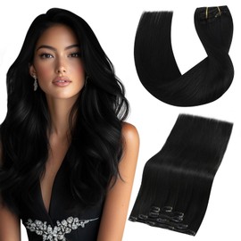 Vivien Clip-In Real Hair Extensions, Black Clip-In Real Hair Extensions, Natural Hair Extensions, Clip-In Real Hair, Black, 45 cm, #1, 80 g, 5 Pieces, Straight