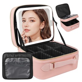 Travel Makeup Bag with LED Mirror Double Layer, Detachable Vanity Mirror with Lights, Tri-light Dimmable, Makeup Case with Adjustable Dividers and Brush Holder Cosmetic Organizer Storage Box for Women