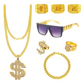 HIULLEN 8Pcs Hip Hop Costume kit, 80s 90s Hip Hop Fancy Dress Accessories, Hip Hop Costume Accessories Fake Gold Chain, Dollar Sign Necklace, Fake Rings, Hip Hop Ring, Hippie Glasses for Women Men