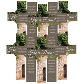 Needzo He is Risen! Cross-Shaped Bookmark with Empty Tomb Image, Easter Favor with Prayer on The Back, Pack of 10