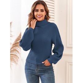 ZAFUL Women's Cropped Turtleneck Sweater Lantern Sleeve Ribbed Knit Pullover Sweater Jumper (2-Blue, S)