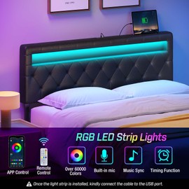 GREENSTELL Headboard for Queen Size Bed with 60,000 DIY color of LED Light, USB & Type C Post, Attach Frame, Height Adjustable, Black Wall Mounted Head Boards Only, Sturdy & Stable, Comfortable, Queen