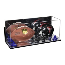 Better Display Cases Acrylic Mini - Miniature (not Full Size) Football and Helmet Display Case with Mirror Case, Dark Blue Risers, Wall Mount and Mirror Base (B46/A019)