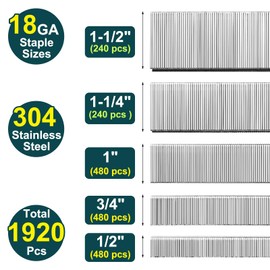 Toicann 18 Gauge Norrow 1/4" Crown Staples 304 Stainless Steel 18 GA Staples for Pneumatic, Electric Stapler (1-1/2"+1-1/4"+1"+3/4"+5/8")