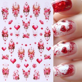 6pcs Colorful Rose Flower Nail Stickers 3D Self-Adhesive Flower Nail Decals Rose Heart Pink Red Rose Floral Nail Designs Nail Stickers for Acrylic Nail Art Blossom Nail Design Sticker for Women Girls