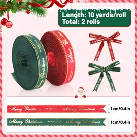 KINGLAKE 10 Yards Merry Christmas Ribbon for Gift Wrapping, 2 Rolls 10mm Red Green Satin Ribbon Gold Trim Christmas Ribbon for Crafting, Xmas Tree, Presents,Flowers, DIY Crafts,Gift Basket