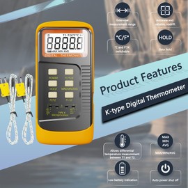 Handheld Thermocouple Thermometer, 2 Channels K Type Thermocouple Probe and 4 Thermocouples, Measuring Range -50 to 1300°C(-58 to 2372°F), Contains 2 Stainless Steel K Type Thermocouple Probe