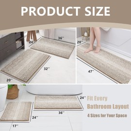 HDFK Bath Mat & Bathroom Rug - Machine Washable Soft Chenille Shower Carpet, Maximum Absorbency Non-Slip with Odorless Hot Melt Base, Slim Striped Design for Bathtub Floors (24x16 Inch, Beige & White)