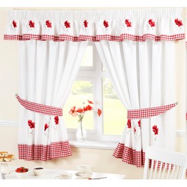 HomeSpace Direct Poppies Pencil Pleat Kitchen Curtains and Tiebacks 46 x 42 inch Embroidered Floral Gingham Checked, Polyester, Red/White, 46 x 42-Inch