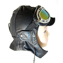 BLUETECH Convertible Hat Aviator Cap Vintage Car Hat Leather in Black with Panorama Glasses Men Women Unisex N, black