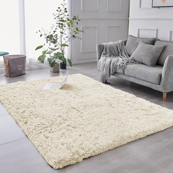 AMEHA Rugs Living Room - Modern Cream Area Rugs for Bedroom Non-Slip -Modern Fluffy Shaggy Thick Pile Small Rug Non-Shedding Easy To clean, 50cm x 80cm