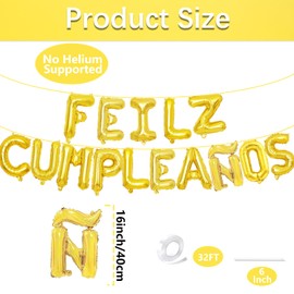 16 Inch Gold 'FELIZ CUMPLEAÑOS' Balloons Banner – Spanish Letter Mylar Foil Balloons for Birthday Party Decorations, Fiesta Celebration, Latin Themed Events, and Photo Backdrops