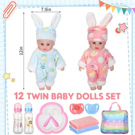 Jerify 10 Pcs Realistic Soft Twin Baby Dolls Toy Set Includes 2 Pcs 12 Inch Baby Dolls, Feeding Set, Pacifiers, Doll Diapers, Diaper Bags, Milk Bottles Removable Outfits for 3 (White)
