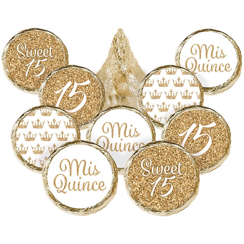 White and Gold Quinceañera Chocolate Kisses Party Favor Stickers, Mis