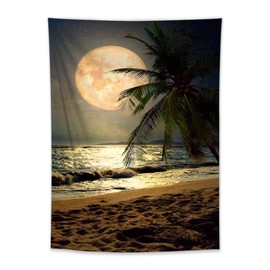 LB Sunrise Hawaii Beach Tapestry Wall Hanging Large Full Moon Over Sea Ocean Wall Decor 3D Fantasy Ocean Waves Seaside Tapestries for Bedroom Living Room Dorm Home Decor, 70.9 x 92.5 Inch