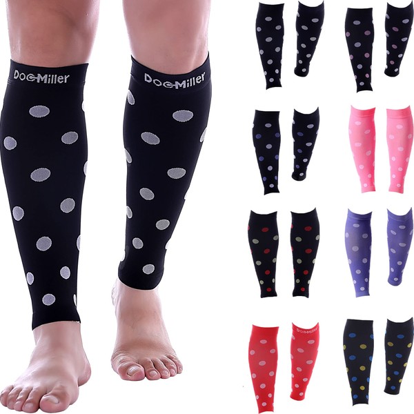 Doc Miller Calf Compression Sleeve Men Women, 20-30mmHg Medical Grade Leg Compression Sleeve for Shin Splints, Varicose Vein & Calf Muscles Recovery, 1 Pair Large Black White Polka Dots