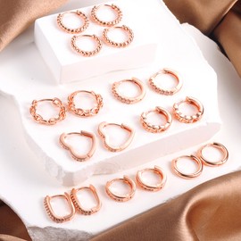 Gold Hoop Earrings Set, 9 Pairs of 14 Carat Real Gold-Plated Hoop Earrings, Gold, Small, for Women, Hypoallergenic Cartilage Huggie Hoop Earrings with AAA+ Zirconia Twist Heart Piercing Earrings Gold