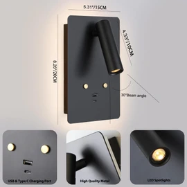 ZEROUNO Dimmable Wall Mounted Reading Light Set of 2,Adjustable Headboard Plug in Wall Sconce with USB A+C Ports,Touch Control Wall Light for Bedroom Bedside Lamps