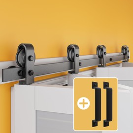 64" Bifold Barn Door Hardware Kit for Four 15" Doors, Heavy Duty 5.3FT Bi Fold Barn Door Hardware Kit, Top Mount Roller, Slide Smoothly Quietly (2 Handles As Gifts, NO Door)