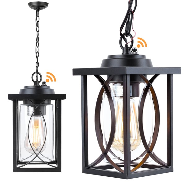 Outdoor Pendant Light for Porch with Dusk to Dawn Sensor, Outdoor Hanging Light Fixture Exterior Lantern Anti-Rust Metal with Clear Glass Shade and Adjustable Chain for Front Door Foyer Entryway