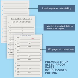 Address Book Refill Pages (212 Replacement Pages for Addresses, Birthday, Email, Notes) Durable Dividers with Alphabetical Tabs Large Print 576 Contacts Refillable Pages Fits A5 6-Ring Binder