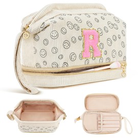 Bolsa de maquillaje de viaje, personalizable de doble capa, bolsa de maquillaje para mujeres, bolsa de maquillaje abierta de iniciales, bolsa organizadora para niñas, bolsas de viaje de maquillaje