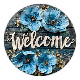 macago Flower Welcome Round Metal Sign Floral Door Sign Farmhouse Rustic Wreath Wall Decoration for Indoor Outdoor Home Porch Window Decor 8 Inch