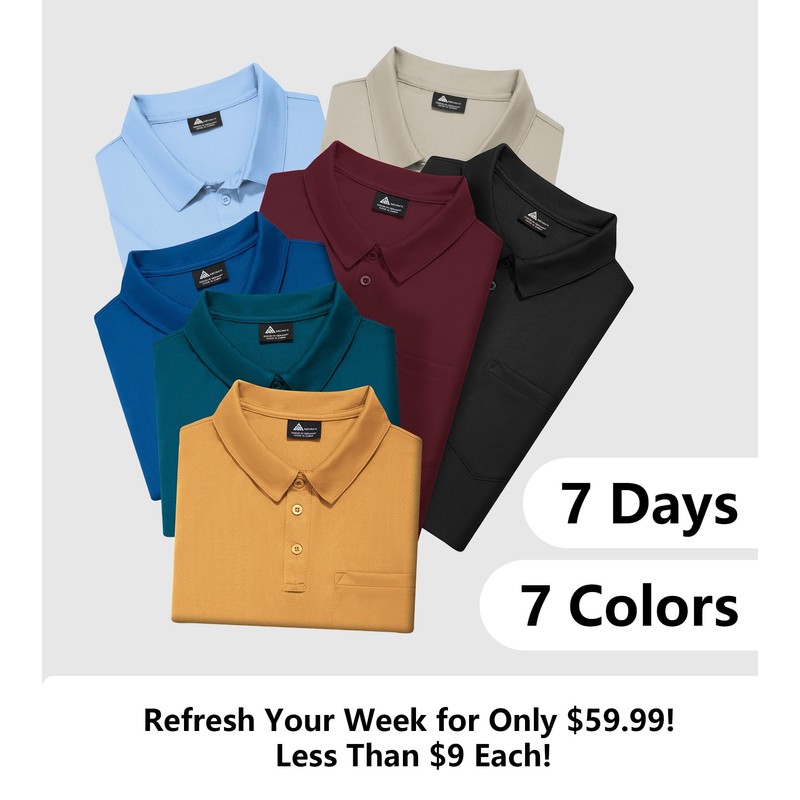 ZITY 7 Pack Mens Polo Shirts with Pocket Moisture Wicking