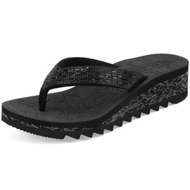 ONCAI Flip Flops Women with Rhinestone，Arch Support Orthopedic Sandal for Women 2025 Casual Summer Comfortable with Ladies Recovery Sandal Plantar Fasciitis Walking Outdoor Black US size 10