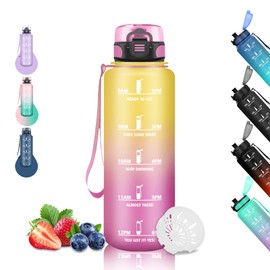 Drinking Bottle 1 5 Litres, Sports Drinking Bottle, Leak-Proof, Drinking Bottle for Carbonated Drinks, with Motivational Slogan, Adult Drinking Bottle for Fitness, Camping, Yellow/Pink