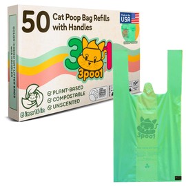 3poo1 Cat Litter & Dog Waste Bags – Pack of 50 Color-Coded Bags with Easy-Tie Handles – Leakproof, Extra Thick, Made from TÜV & USDA Certified Plant-Based Materials – Made in USA