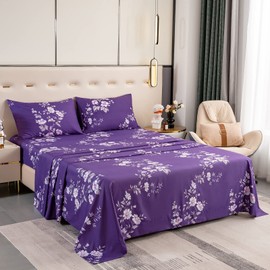 Bedlifes Twin Sheets Set Ultra Soft Breathable Silky Flower Bed Sheets Deep Pocket 100% Microfiber Bedding Sheets 3 Piece Twin Size Dark Purple Floral