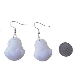 Earrings, Big Bold Faux Whote Jade Gemstone Buddha Charm Dangle Earrings+ Gift Bag