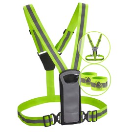 Athlé Reflective Vest and Bands with Phone and Storage Pouch, Adjustable Stretch Waist Belt - Neon Yellow Straps - High Visibility Safety Gear for Running, Jogging, Biking, and Hiking