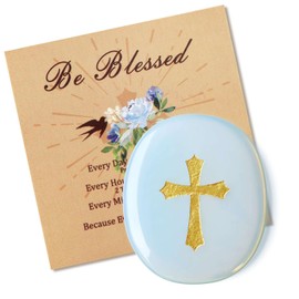 LAIDANLA Opalite Cross Engraved Healing Crystal Worry Stones for Pray Faith Anxiety Relief Oval Palm Stone Polished Natural Crystal Gifts
